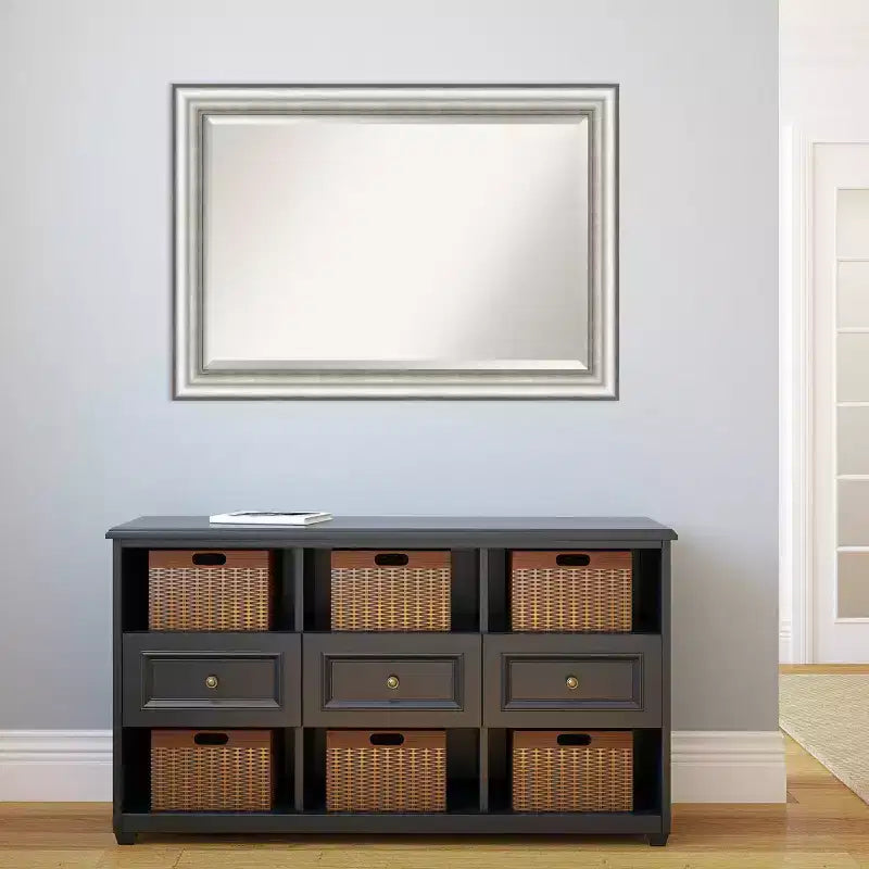 41" x 29" Salon Framed Wall Mirror Silver, Modern Beveled, No Assembly Required