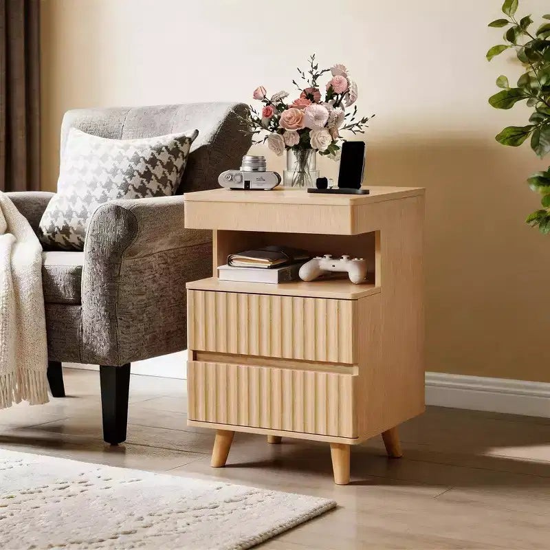 GDFStudio Abiola Modern Wooden Bedside Table with 2 Drawers, Open Shelf and Charging Station
