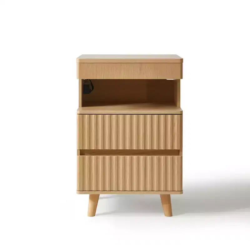 Table de Chevet Moderne en Bois avec 2 Tiroirs, Étagère Ouverte et Station de Charge