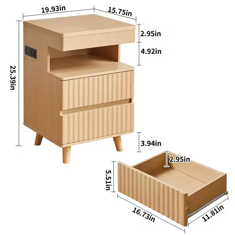 Table de Chevet Moderne en Bois avec 2 Tiroirs, Étagère Ouverte et Station de Charge