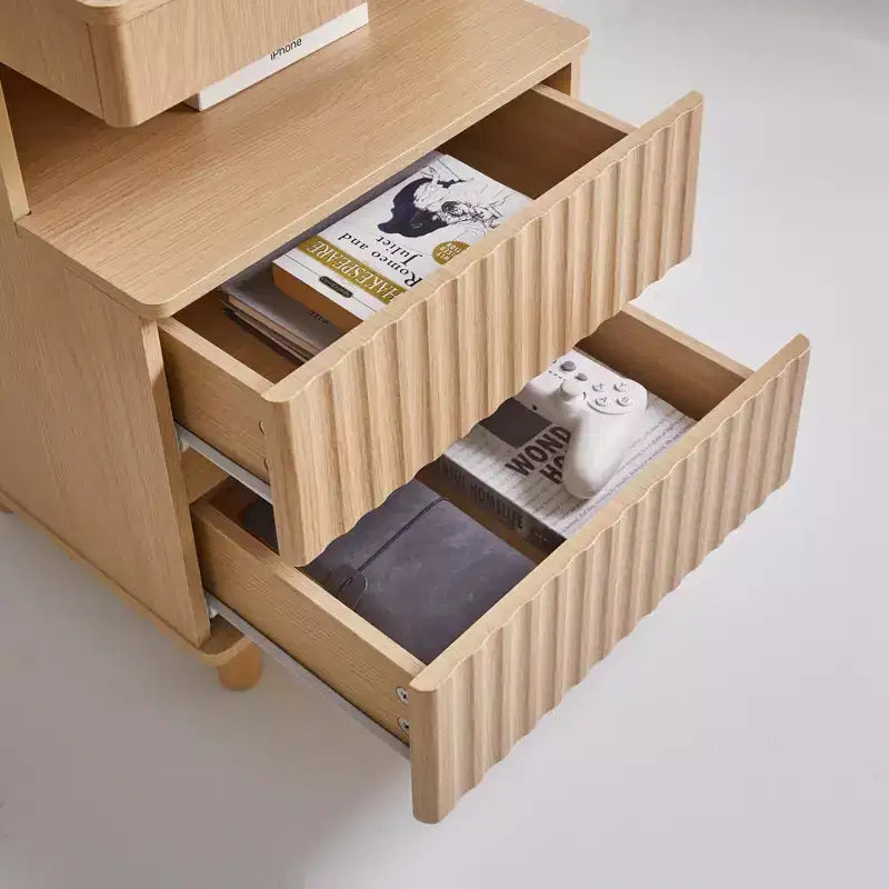 Table de Chevet Moderne en Bois avec 2 Tiroirs, Étagère Ouverte et Station de Charge