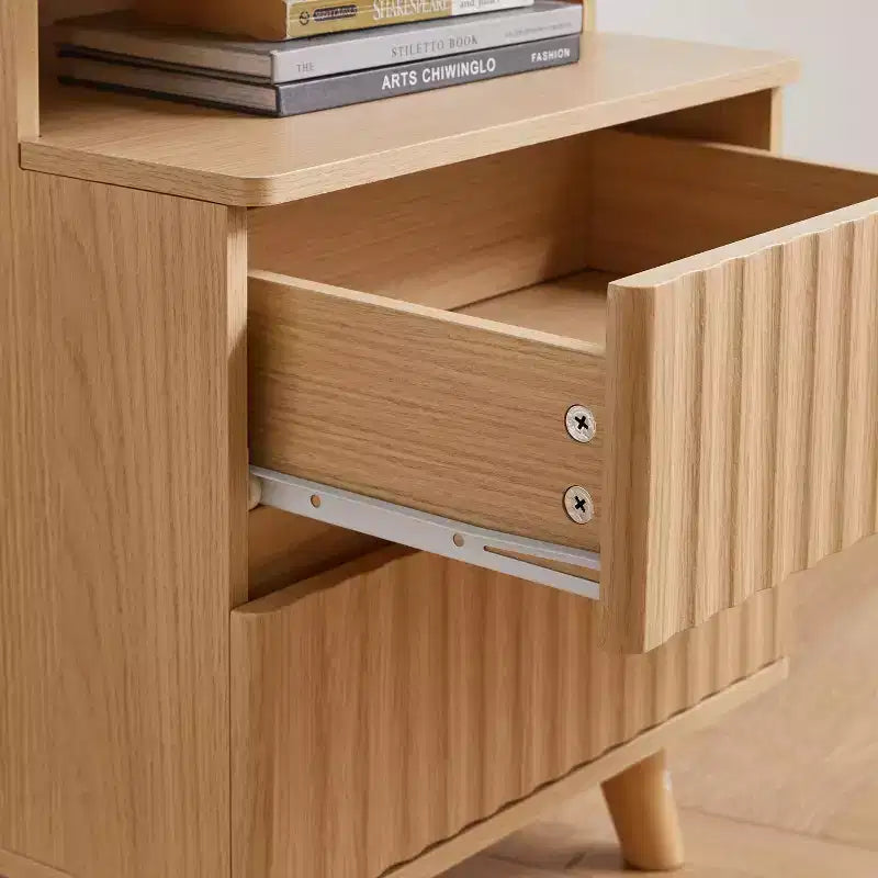 Table de Chevet Moderne en Bois avec 2 Tiroirs, Étagère Ouverte et Station de Charge