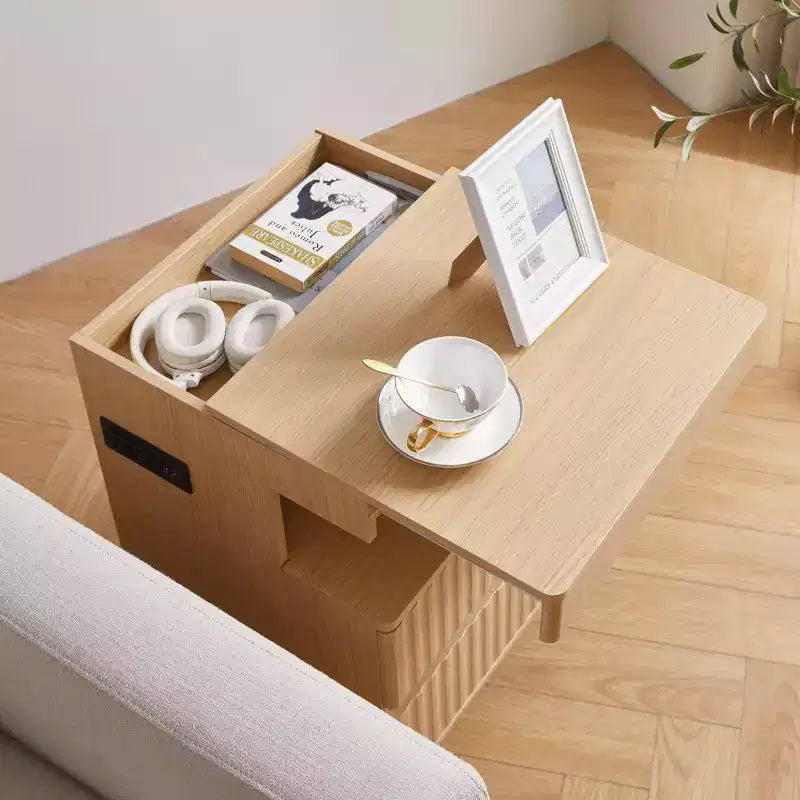 Table de Chevet Moderne en Bois avec 2 Tiroirs, Étagère Ouverte et Station de Charge