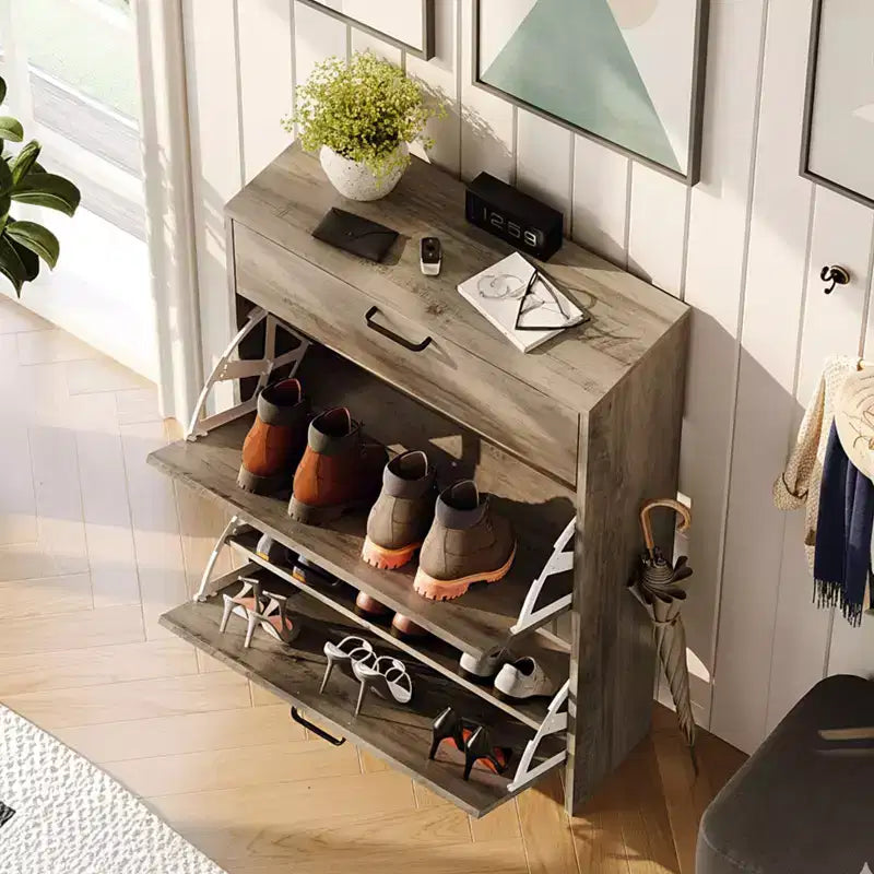 Meuble à chaussures dissimulé avec 3 portes battantes basculantes blanc et chêne