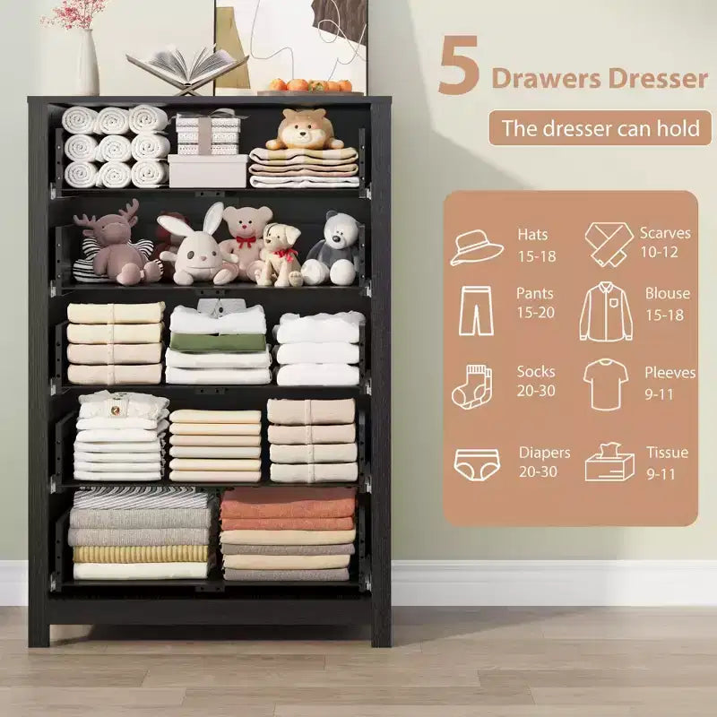 5 Drawer Dresser for Bedroom, Wood Storage Chest with Deep Drawers, Modern Simple Dresser for Living Room Hallway