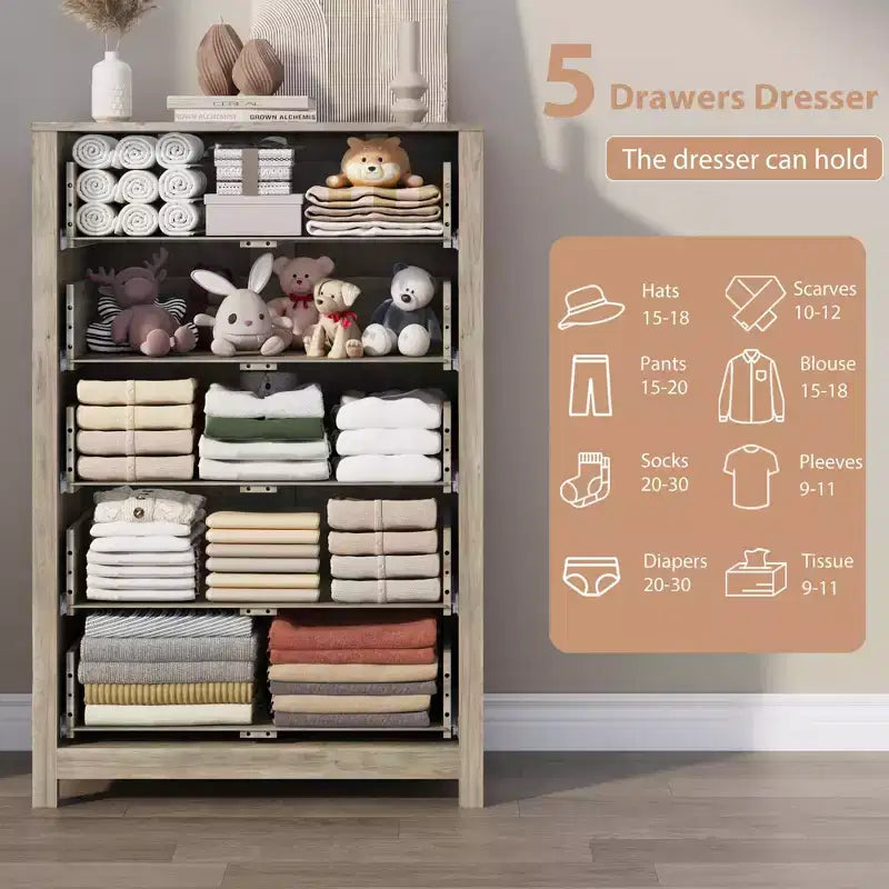 5 Drawer Dresser for Bedroom, Wood Storage Chest with Deep Drawers, Modern Simple Dresser for Living Room Hallway