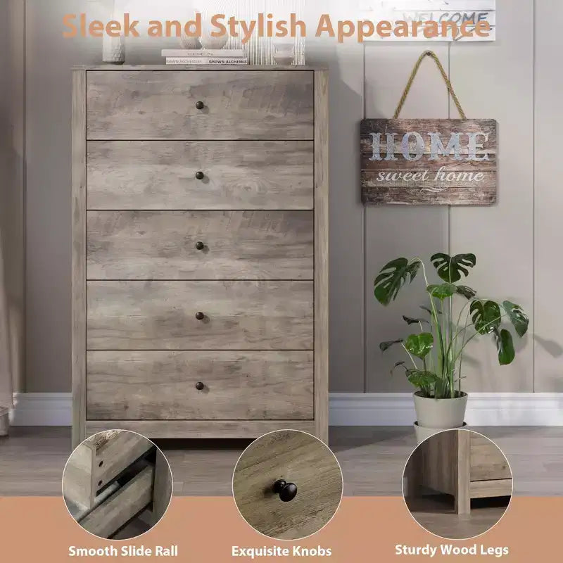 5 Drawer Dresser for Bedroom, Wood Storage Chest with Deep Drawers, Modern Simple Dresser for Living Room Hallway