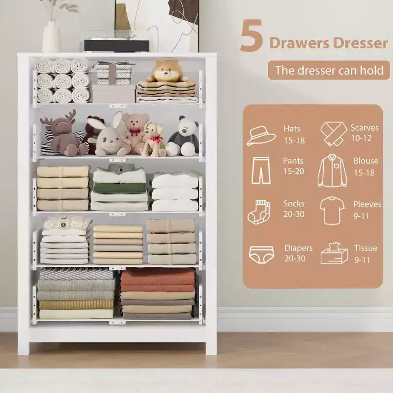 5 Drawer Dresser for Bedroom, Wood Storage Chest with Deep Drawers, Modern Simple Dresser for Living Room Hallway