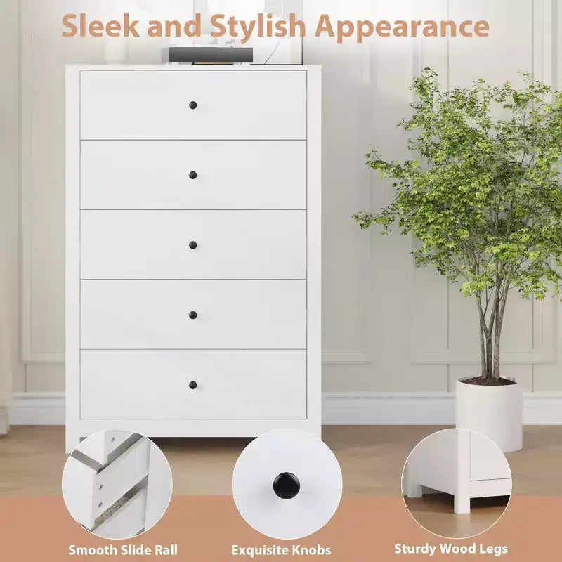 5 Drawer Dresser for Bedroom, Wood Storage Chest with Deep Drawers, Modern Simple Dresser for Living Room Hallway