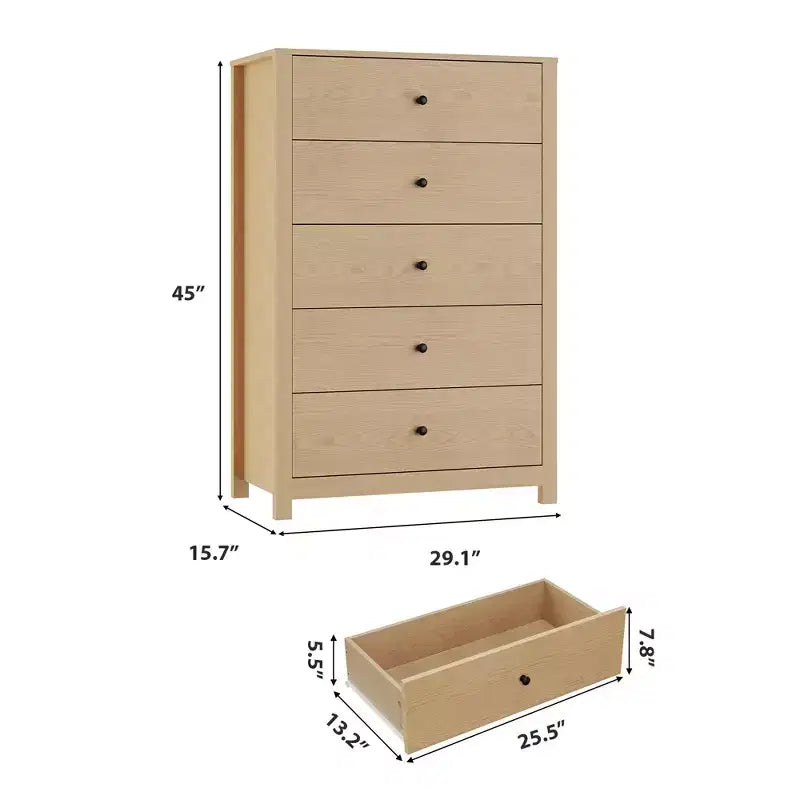 5 Drawer Dresser for Bedroom, Wood Storage Chest with Deep Drawers, Modern Simple Dresser for Living Room Hallway