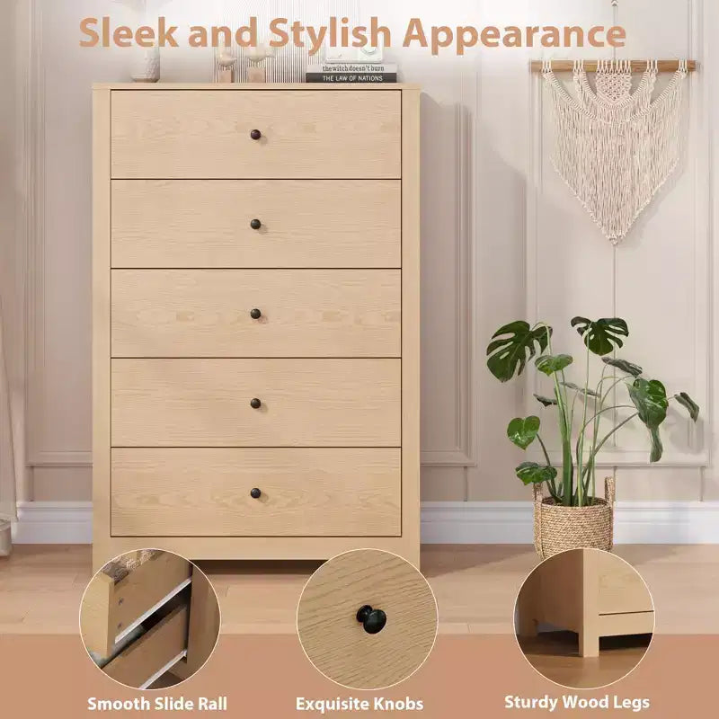 5 Drawer Dresser for Bedroom, Wood Storage Chest with Deep Drawers, Modern Simple Dresser for Living Room Hallway