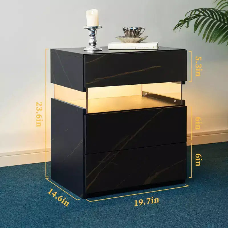 Table de Chevet à 3 Tiroirs avec Lumière LED pour Chambre à Coucher ou Salon