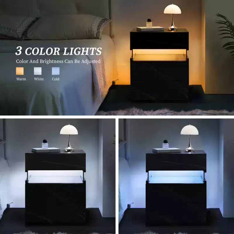 Table de Chevet à 3 Tiroirs avec Lumière LED pour Chambre à Coucher ou Salon