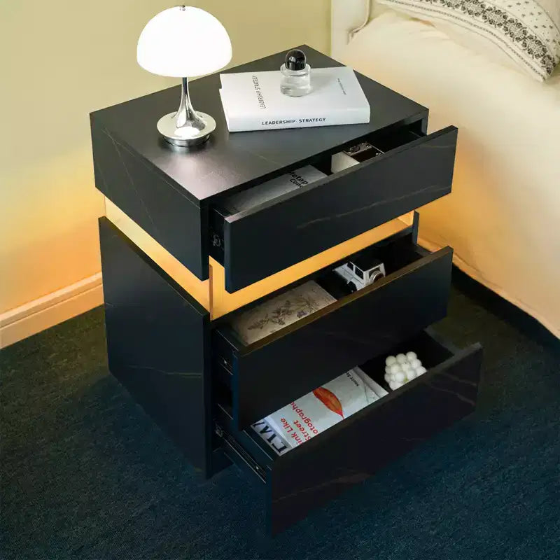 Table de Chevet à 3 Tiroirs avec Lumière LED pour Chambre à Coucher ou Salon
