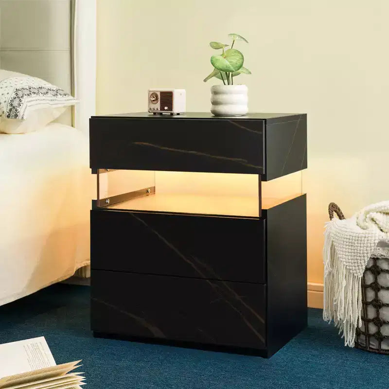 Table de Chevet à 3 Tiroirs avec Lumière LED pour Chambre à Coucher ou Salon