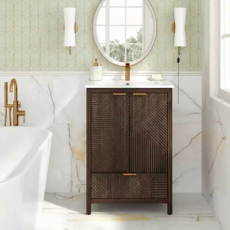 JVNOXK 24 Brown Bathroom Vanity with Sink Combo, Textured Doors & Drawer, Pine Legs