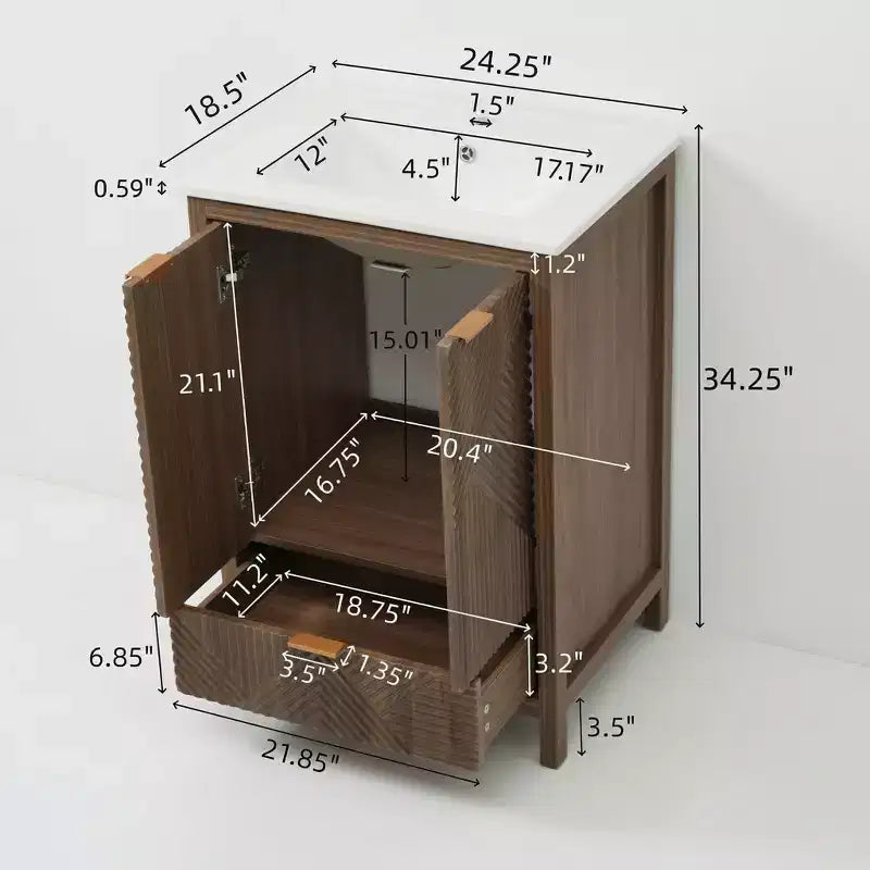 Meuble-lavabo de salle de bain marron de 24 po avec évier, portes et tiroir texturés, pieds en pin