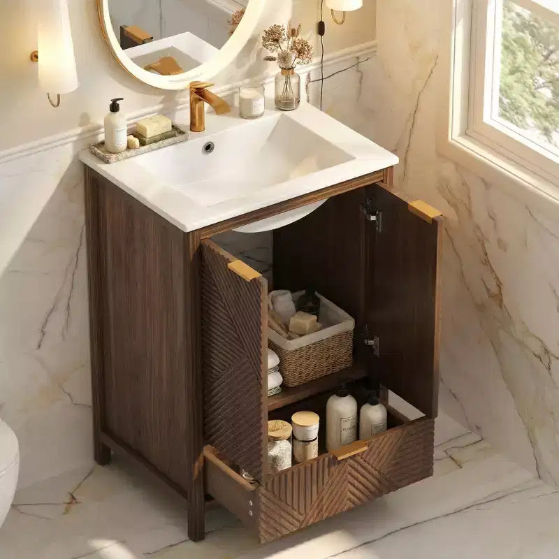 Meuble-lavabo de salle de bain marron de 24 po avec évier, portes et tiroir texturés, pieds en pin