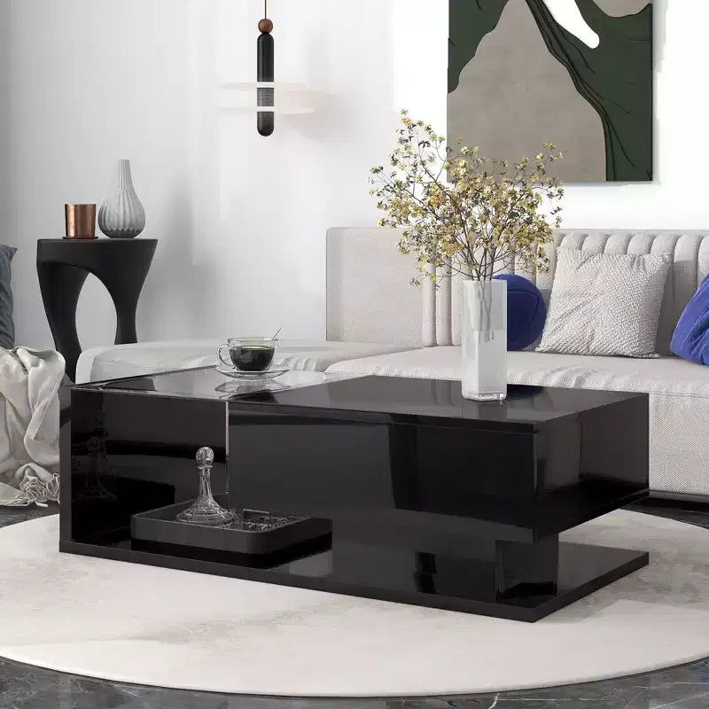 Modern Glass Coffee Table with Tempered Glass Top for Living Room, Black