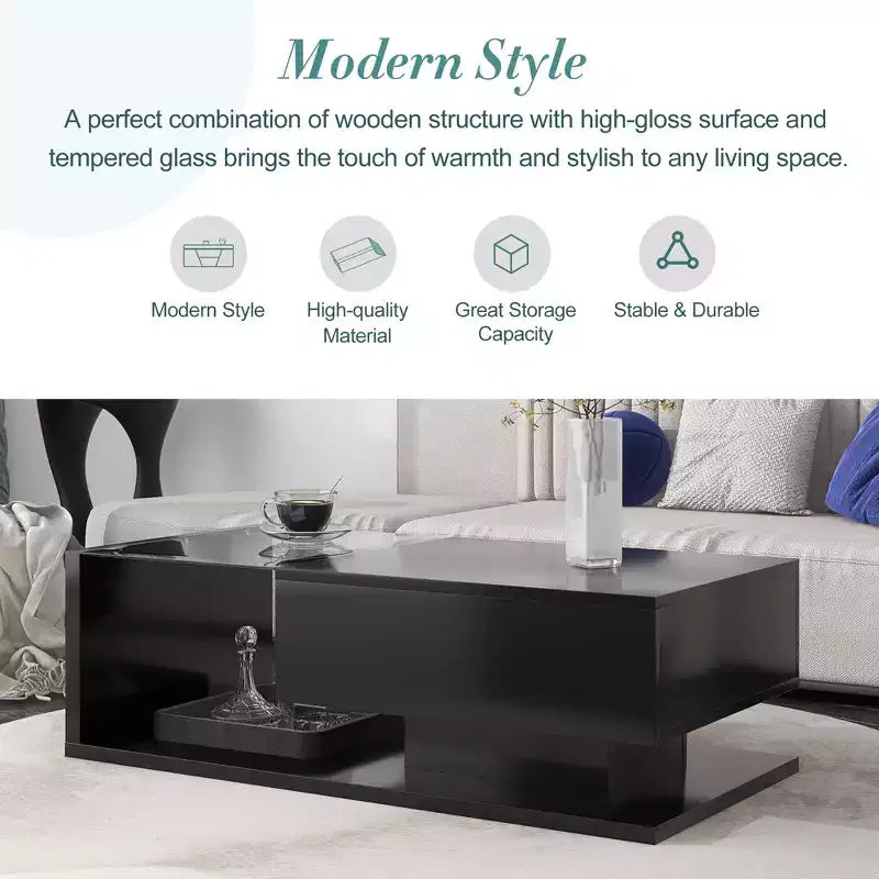 Modern Glass Coffee Table with Tempered Glass Top for Living Room, Black