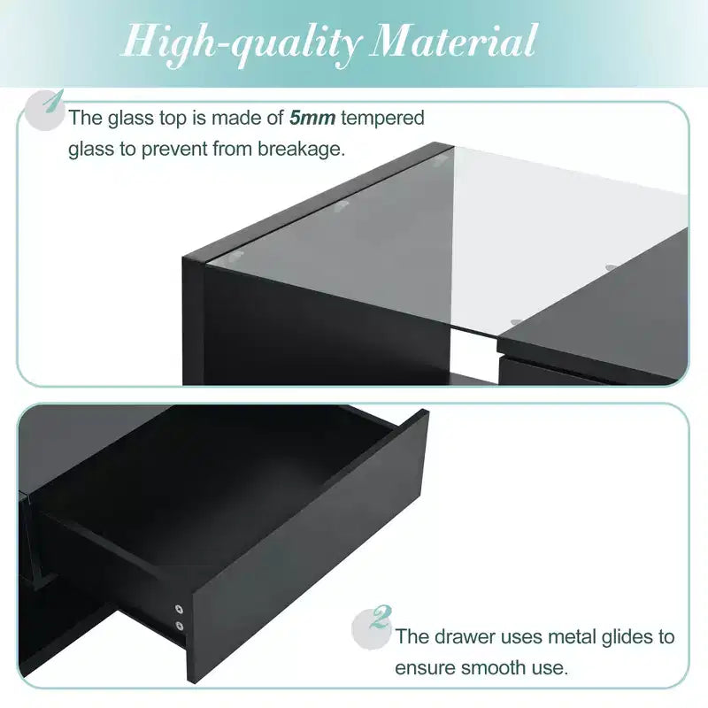 Modern Glass Coffee Table with Tempered Glass Top for Living Room, Black