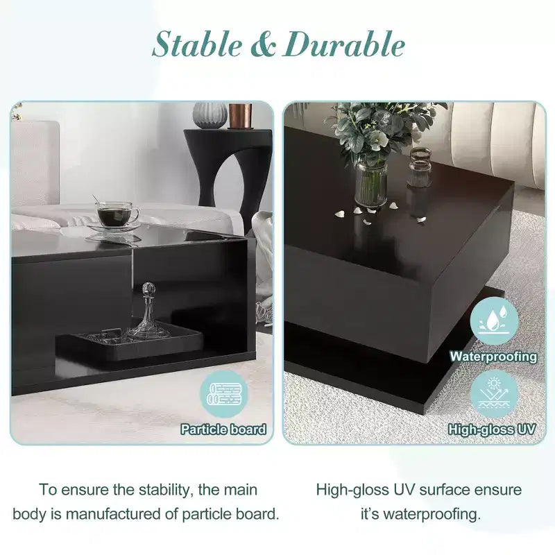 Modern Glass Coffee Table with Tempered Glass Top for Living Room, Black