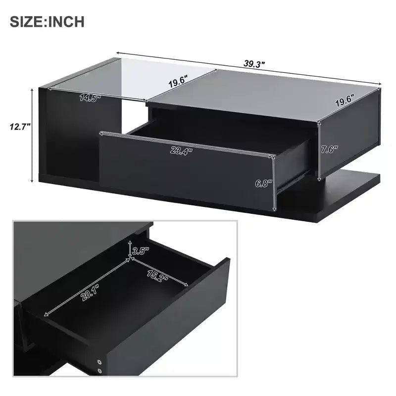 Modern Glass Coffee Table with Tempered Glass Top for Living Room, Black