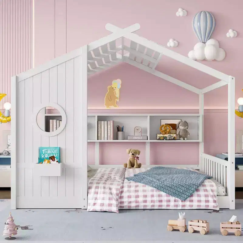Full Floor House Bed for Kids, Montessori Bed with Storage Shelf and Roof Design, White