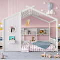 Full Floor House Bed for Kids, Montessori Bed with Storage Shelf and Roof Design, White