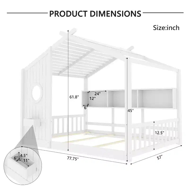 Full Floor House Bed for Kids with Storage Shelf and Roof Design, White