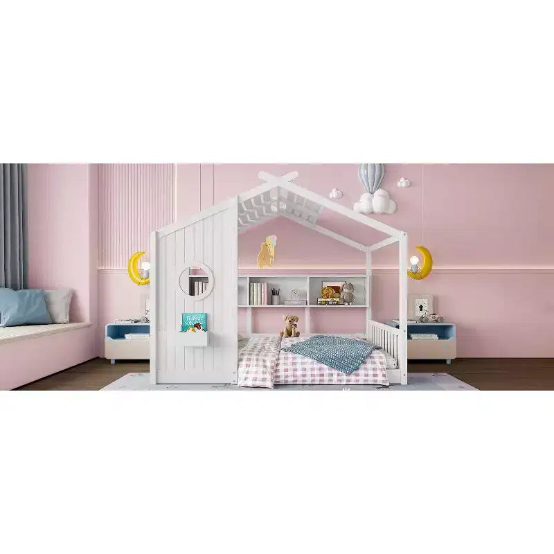 Full Floor House Bed for Kids with Storage Shelf and Roof Design, White