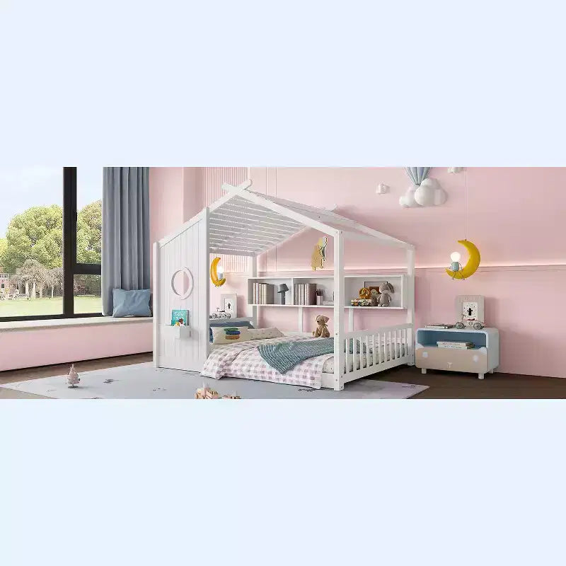 Full Floor House Bed for Kids with Storage Shelf and Roof Design, White