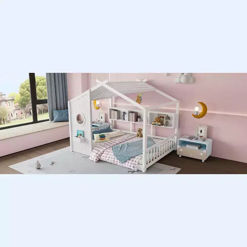 Full Floor House Bed for Kids with Storage Shelf and Roof Design, White