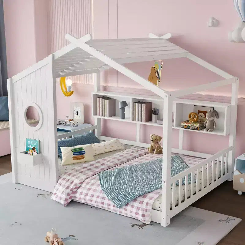 Full Floor House Bed for Kids with Storage Shelf and Roof Design, White