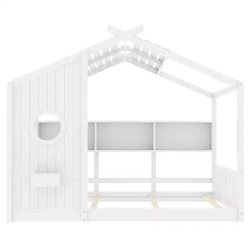 Full Floor House Bed for Kids with Storage Shelf and Roof Design, White