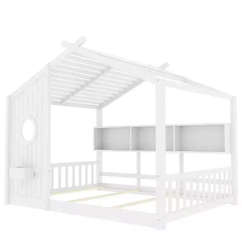 Full Floor House Bed for Kids with Storage Shelf and Roof Design, White