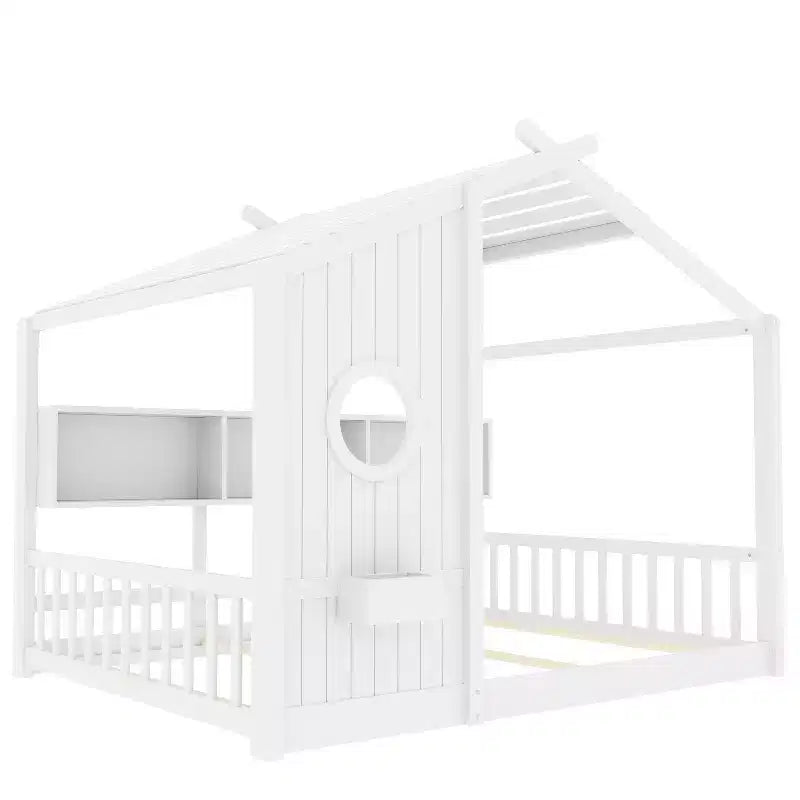 Full Floor House Bed for Kids with Storage Shelf and Roof Design, White