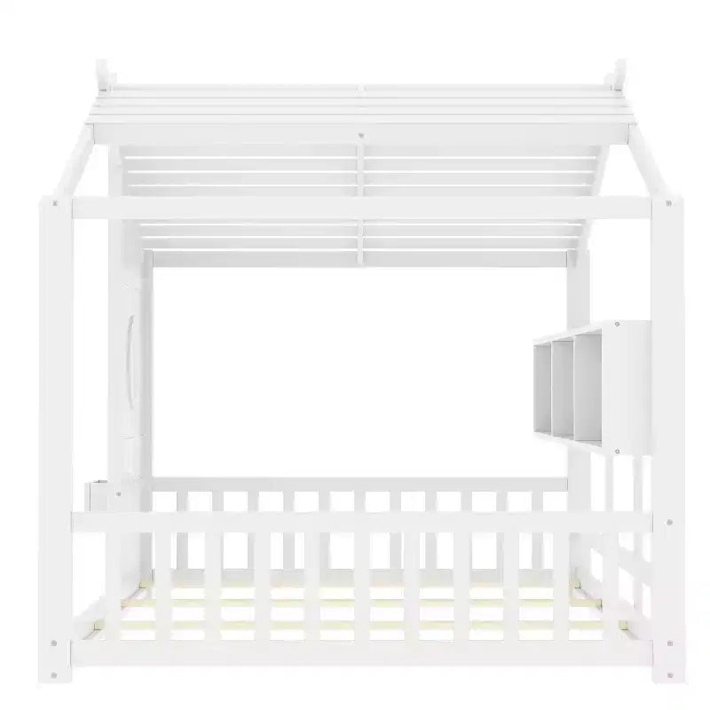 Full Floor House Bed for Kids with Storage Shelf and Roof Design, White