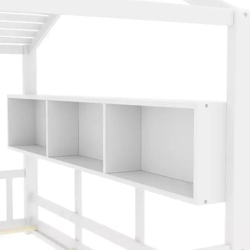 Full Floor House Bed for Kids with Storage Shelf and Roof Design, White