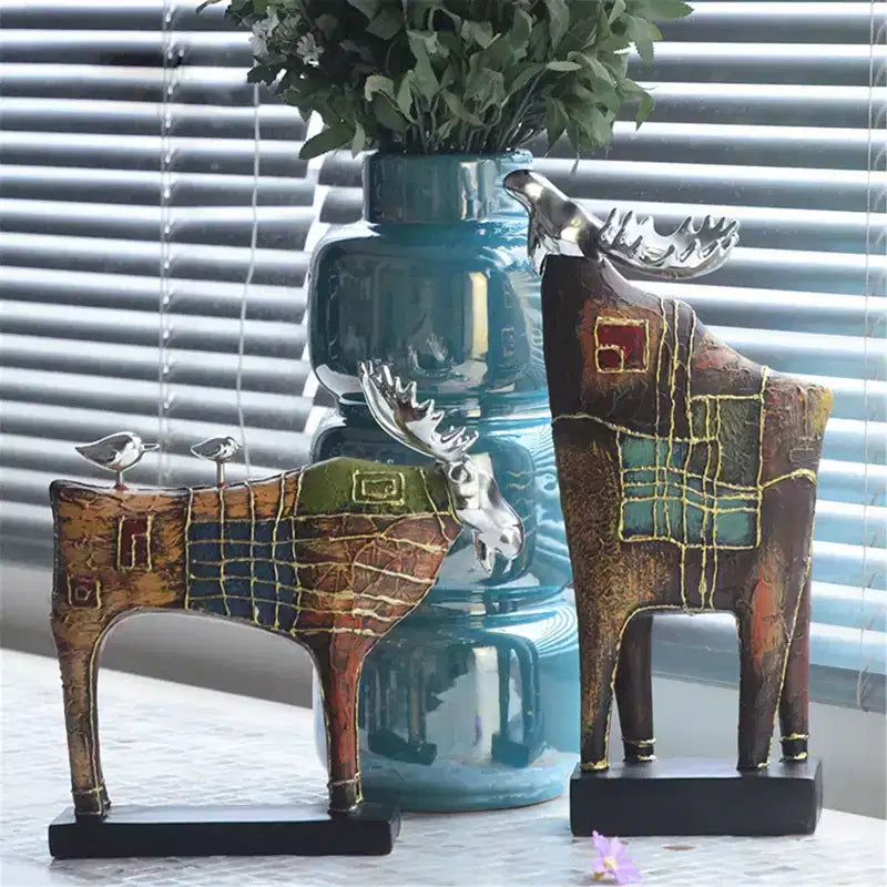 Elk & Two Birds Resin Sculpture - European Style Decor, Eco-Friendly Crafted Artwork