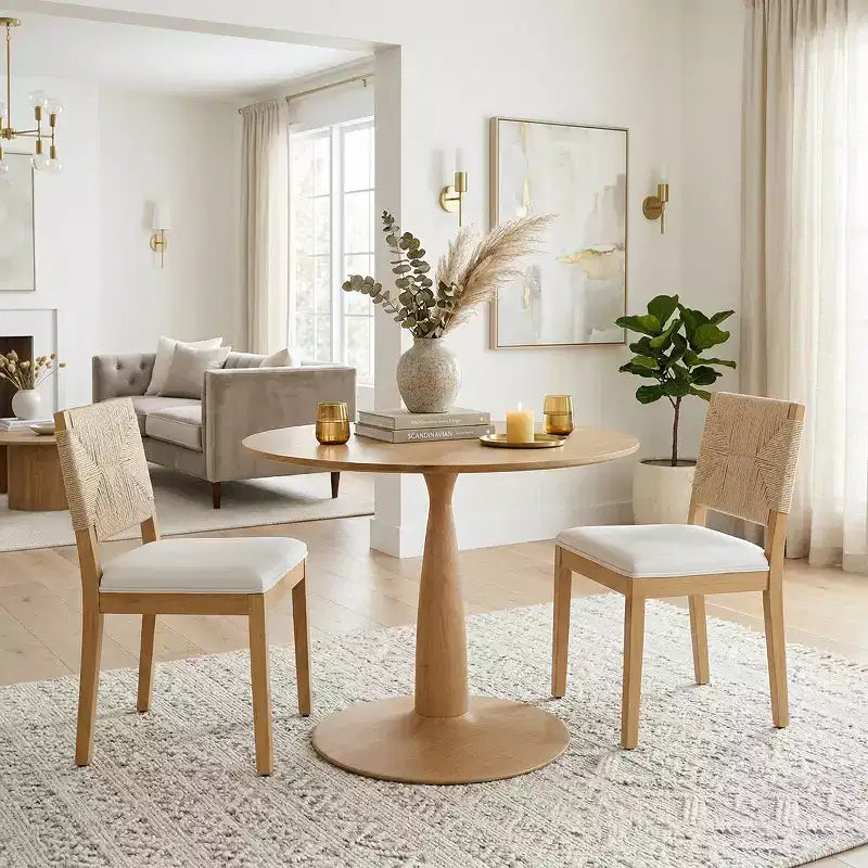 3-Piece Modern Dining Table Set, Round Pedestal Table and 2 Wood Chairs with Woven Backrest, Kitchen Dining Set for Small Dining Room-Panipeachy