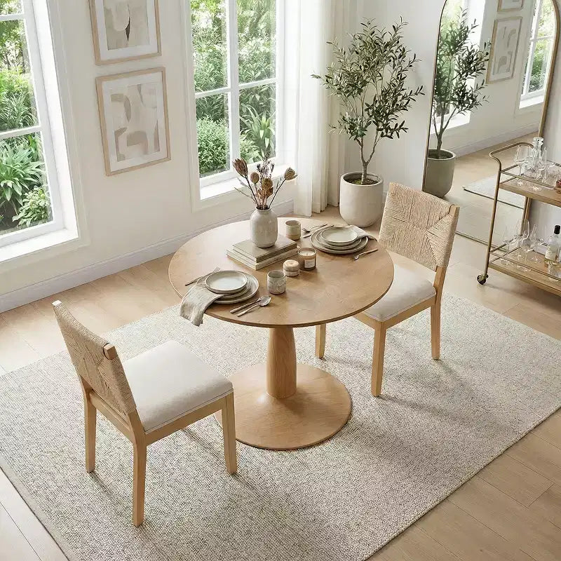 3-Piece Modern Dining Table, Round Pedestal Table and 2 Wood Chairs with Woven Backrest, for Small Dining Room