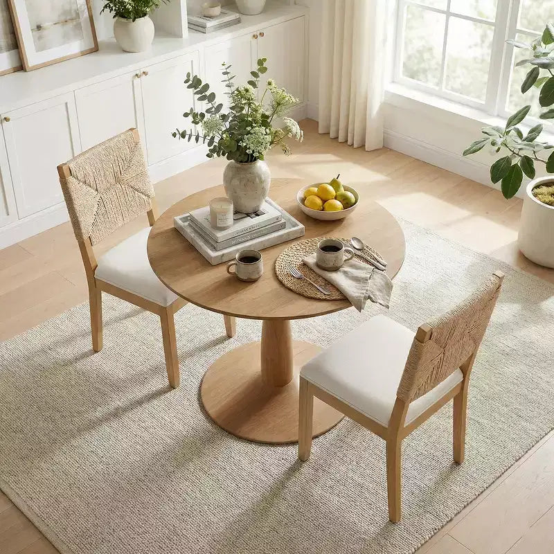3-Piece Modern Dining Table, Round Pedestal Table and 2 Wood Chairs with Woven Backrest, for Small Dining Room