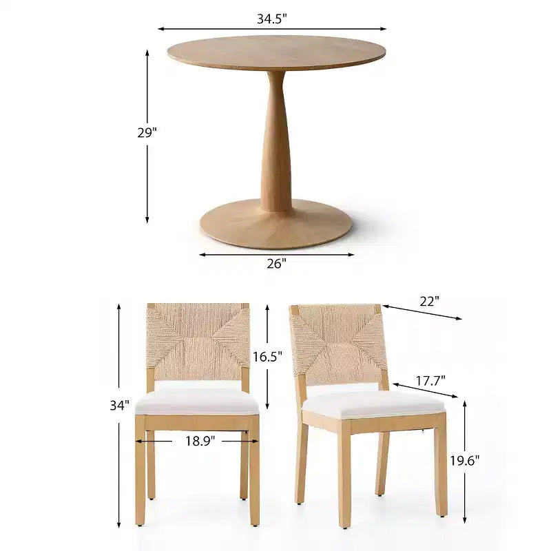 3-Piece Modern Dining Table, Round Pedestal Table and 2 Wood Chairs with Woven Backrest, for Small Dining Room