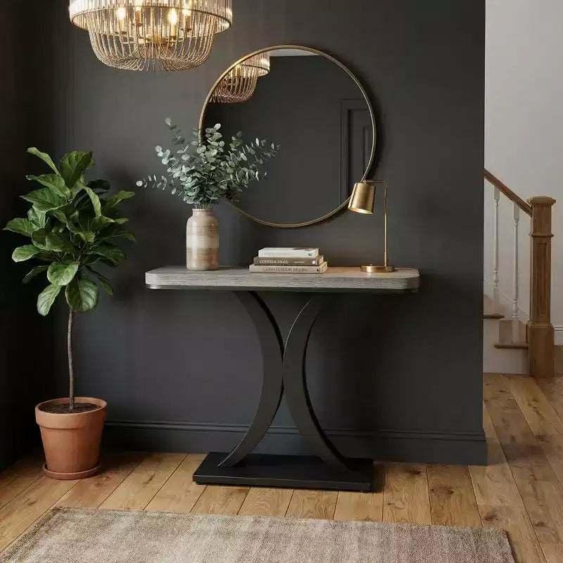 JVNOXK Modern Industrial Compact End Table with Curved Wood Top & Geometric Metal Base