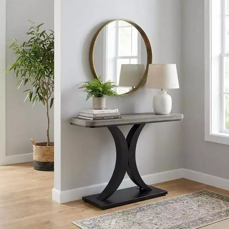 Modern Industrial Compact End Table with Curved Wood Top & Geometric Metal Base