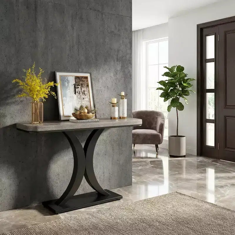Modern Industrial Compact End Table with Curved Wood Top & Geometric Metal Base