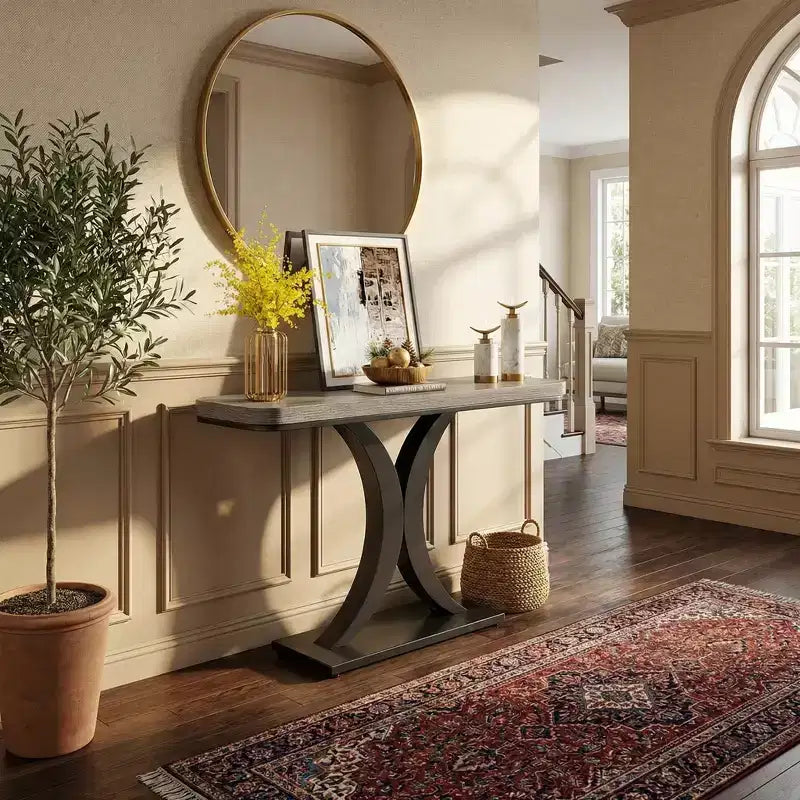 Modern Industrial Compact End Table with Curved Wood Top & Geometric Metal Base
