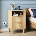 Karl Home 2 Drawer Oak P2 MDF Nightstand Grid Panel 1 Shelf 15.7x13.8x23.6 Inch
