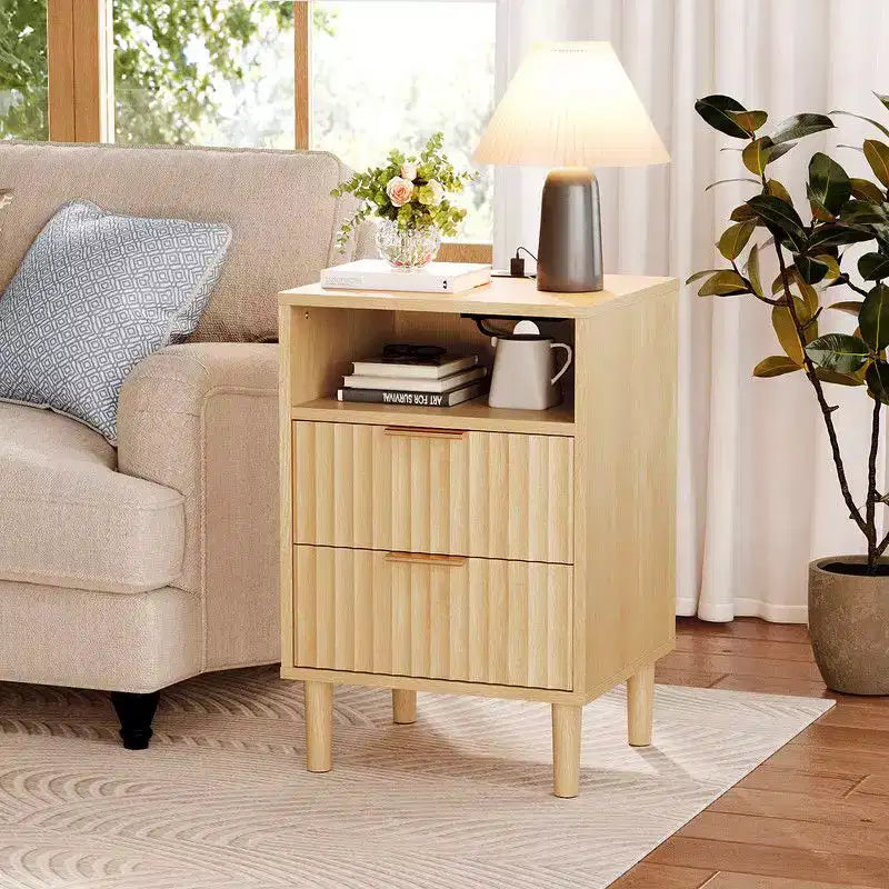 Table de chevet 2 tiroirs en MDF chêne P2 avec panneau grillagé, 1 étagère, 40 x 35 x 60 cm
